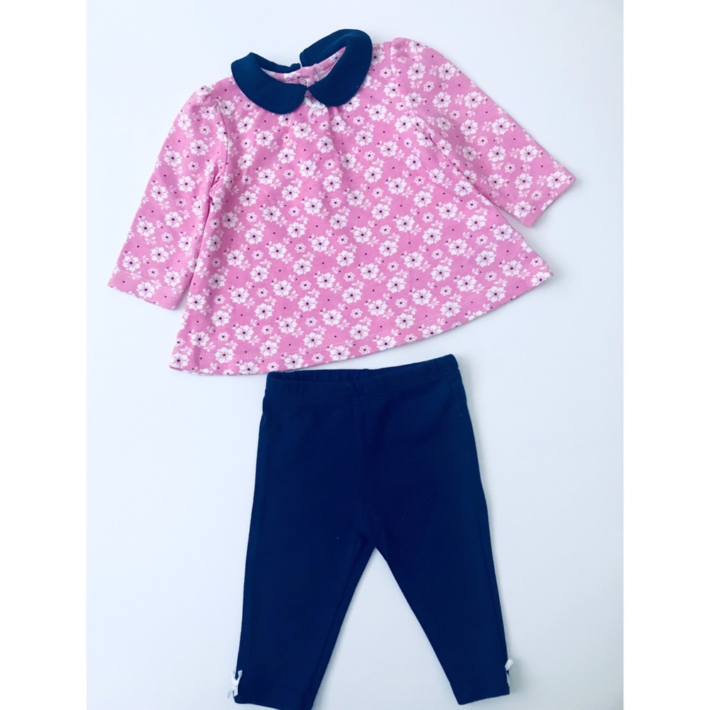 Infants Pink Floral Top W/Navy Collar & Pants